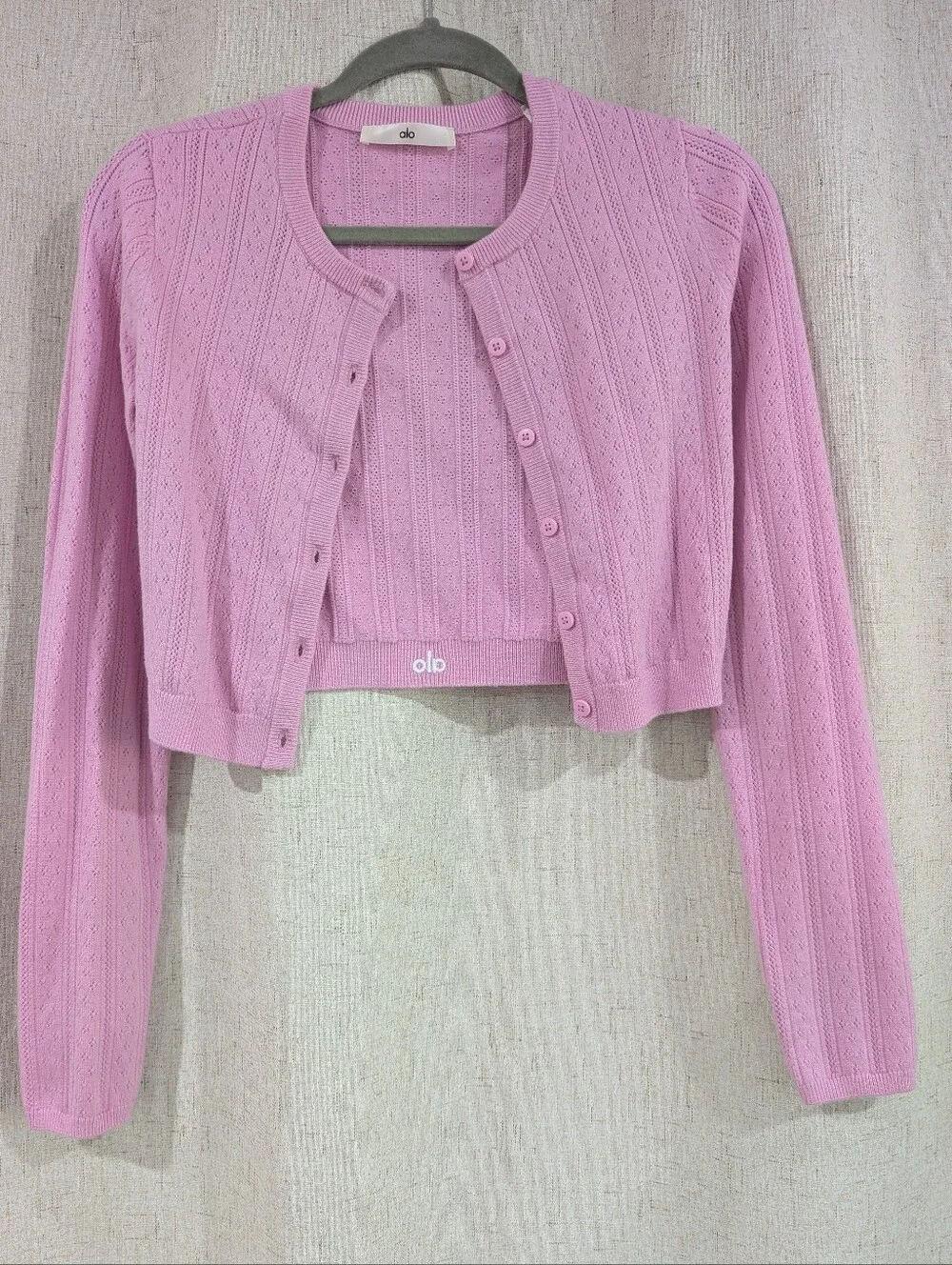 ALO Yoga Pointelle Sweater Be Mine Cardigan Candy Heart Pink Size XS